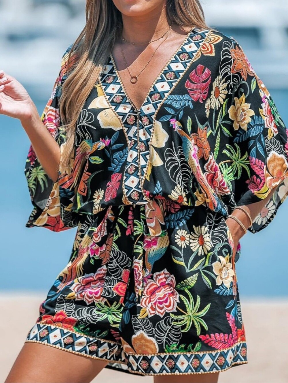 Cupshe Black Floral V-Neck Romper with Multicolor Print